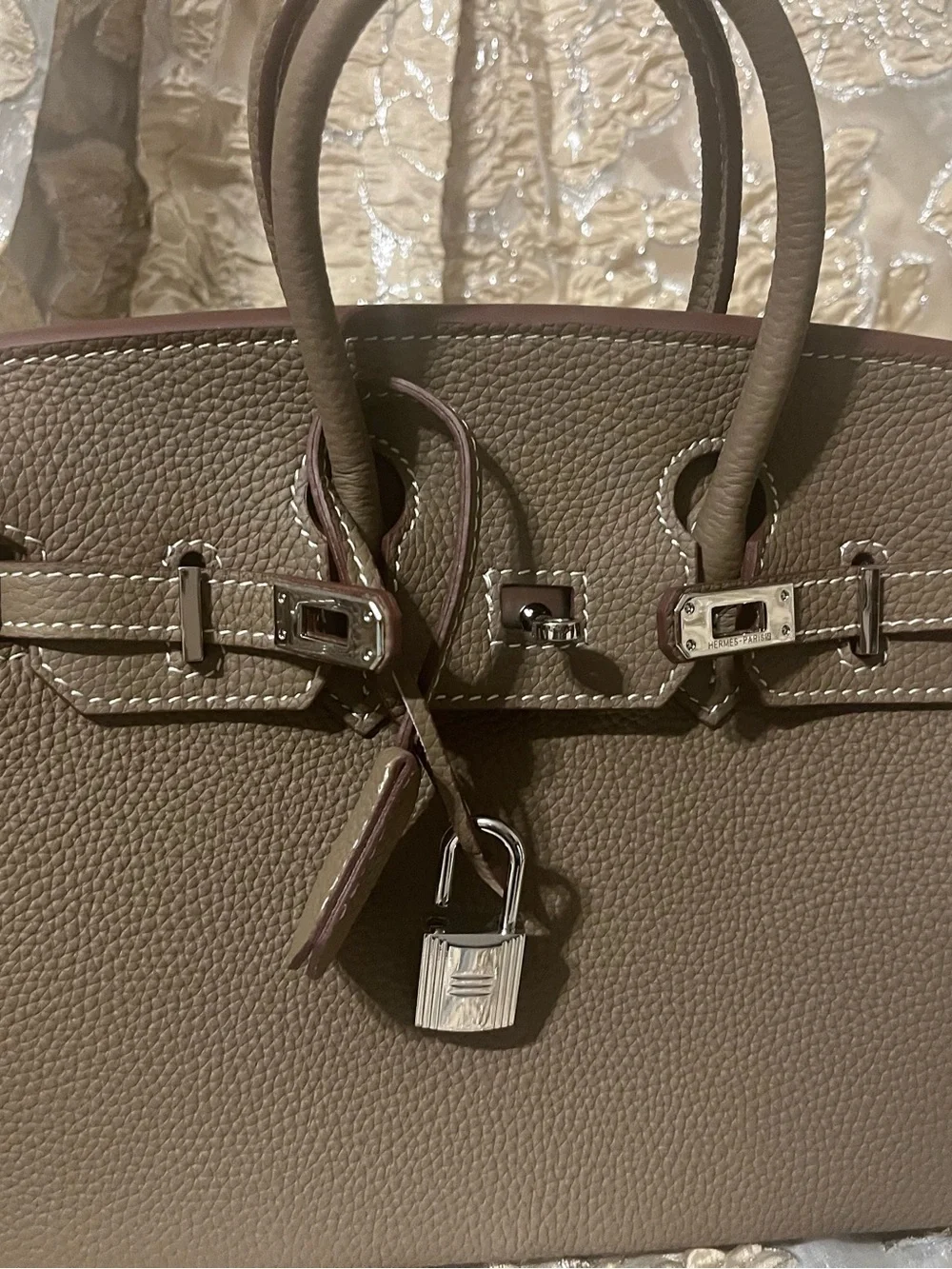 Women's Taupe H inspired Leather Satchel Handbag